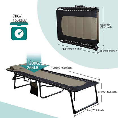 Outdoor Folding Lounge Chair Padded for Adults 264Ibs Patio Chaise Lounge Chair for Outside Adjustable 5-Position Reclining Beach Chair with Pillow Pocket