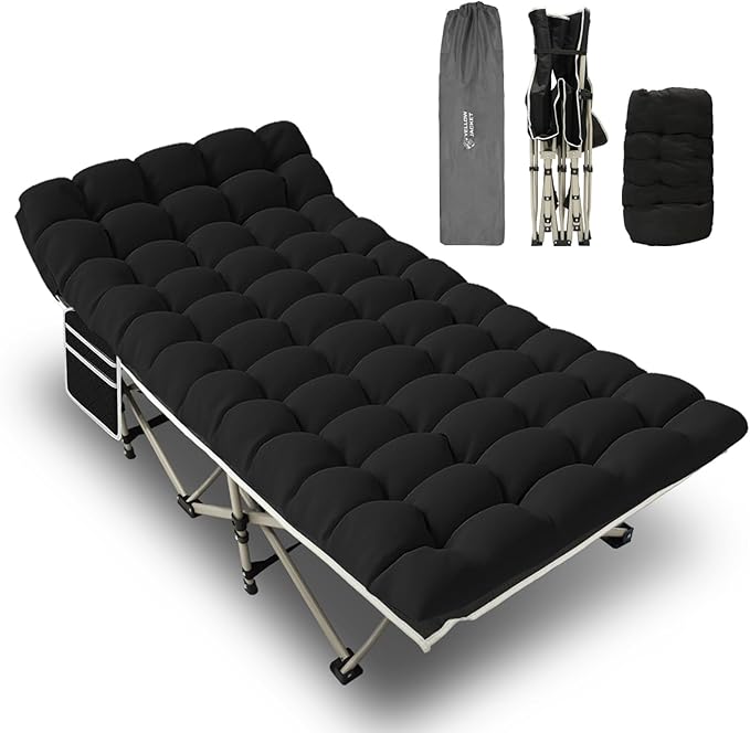 YELLOW JACKET Camping Cot with Mattress for Adults, Upgraded 32" Wide Folding Sleeping Cot, Portable Camping Cot with Carry Bag, Cot for Camping 600lbs Max Load, Home,Office,Travel (Black)
