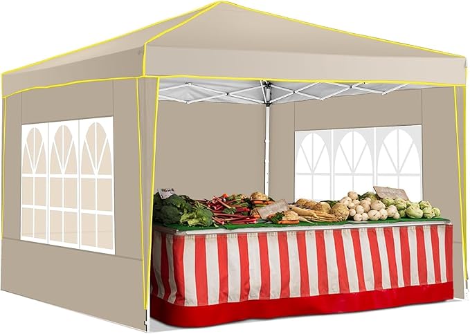 COBIZI 10x10 Pop Up Canopy with 4 Sidewalls, Easy up Canopy for Events, Sports, Beach, Party, Outdoor Party Canopies with 4 Weight Bags, Stakes x4, Ropes x4, Khaki