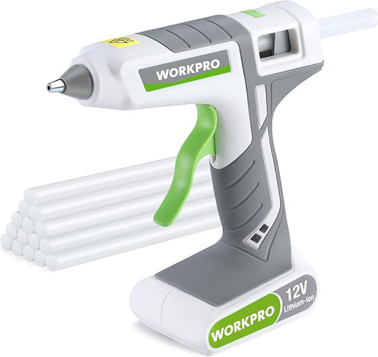 WORKPRO Full Size Cordless Hot Melt Glue Gun - 12V Rechargeable Fast Preheating Glue Gun Kit with 15pcs Full Size Glue Sticks, Auto Power-off Glue Gun for DIY Project, Art, Craft, Decoration - White