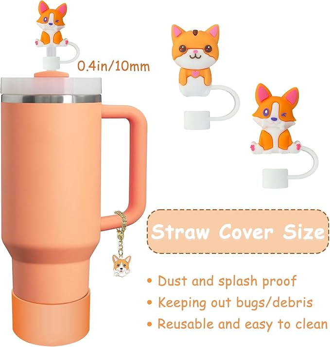Stanley Cup Accessories Set,Including 2 Pcs 0.4in Straw Cover, 1 Silicone Spill-Proof Stopper, 1 Cute Dog Handle Charm, 1 Silicone Boot Fits Stanley 40&30 Oz Tumbler (Sunshine Orange)