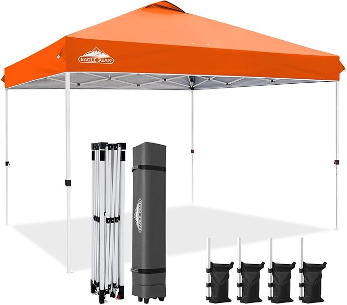 EAGLE PEAK Pop Up Canopy Tent with Wheeled Carry Bag, 8 Stakes, 4 Ropes, 4 Weight Bags, Easy Set Up Tent Canopy, 12x12 ft, 144sqft of Shade, Orange