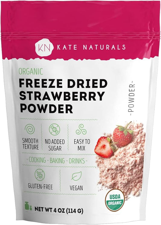 Kate Naturals Organic Freeze Dried Strawberry Powder for Baking & Drinks. Natural Strawberry Flavoring for Cakes, Icing & Smoothies (4oz, No Added Sugar)