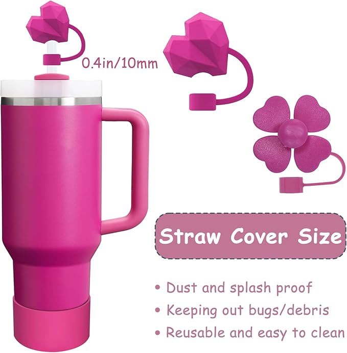 Stanley Cup Accessories Set,Including 2 Pcs 0.4in Straw Cover, 1 Silicone Spill-Proof Stopper Set of 3, 1 Cute Heart Handle Charm, 1 Silicone Boot Fits Stanley 40&30 Oz Tumbler (Fuchsia)