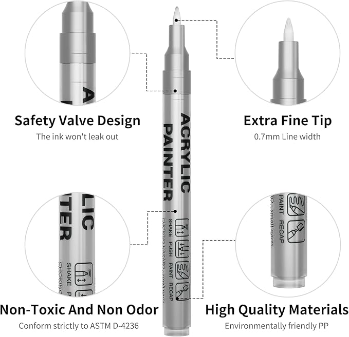 Acrylic Paint Pens Waterproof Markers 6 Silver Permanent Marker Pens Acrylic Pens for Rock Painting Glass Stone Ceramic Metal Fabric Pebble Painting pens Craft Supplies