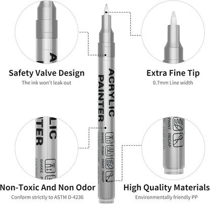 Acrylic Paint Pens Waterproof Markers 6 Silver Permanent Marker Pens Acrylic Pens for Rock Painting Glass Stone Ceramic Metal Fabric Pebble Painting pens Craft Supplies