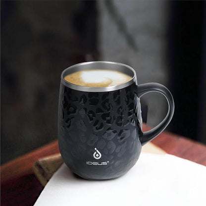 Ideus 16 oz (470 ml) Insulated Coffee Mug with Handle and Lid, Double Wall Stainless Steel Vacuum Thermal Coffee Mug, Travel Coffee Cup Thermal Cup for Home and Office, Leopard Black