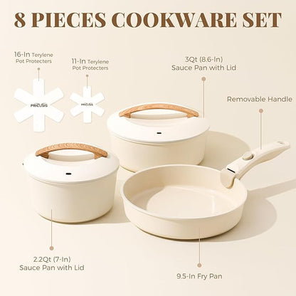 PRICUSIS Ceramic Pots and Pans Set with Detachable Handle, Non-toxic Nonstick 8pcs Cookware Set with Die-cast Lids, Dishwasher & Oven Safe, PTFE PFOA PFAS Free, Perfect for College Dorm, Cream White