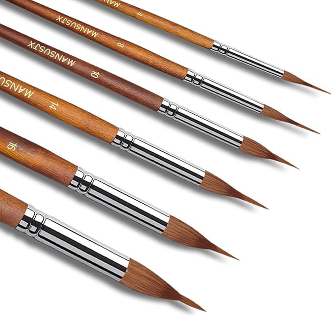 Watercolor Brushes Set,6Pcs Extended Needle Point Brushes Synthetic Extra Long Pinhead Brush with Sable Body Continuous Painting for Watercolor Acrylic Gouache Inks Painting