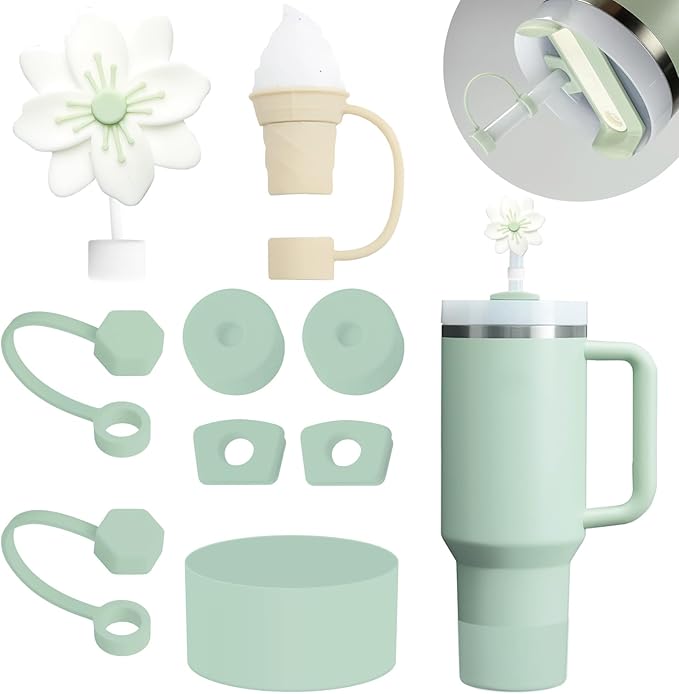Stanley Cup Accessories Set Including 6 Pcs Silicone Spill Proof Stopper, 2 Pcs Straw Cover Cap for 9-10 mm Straws, 1 Pcs Silicone Boot for Stanley Cup 40oz & 30oz Tumbler (Matcha)