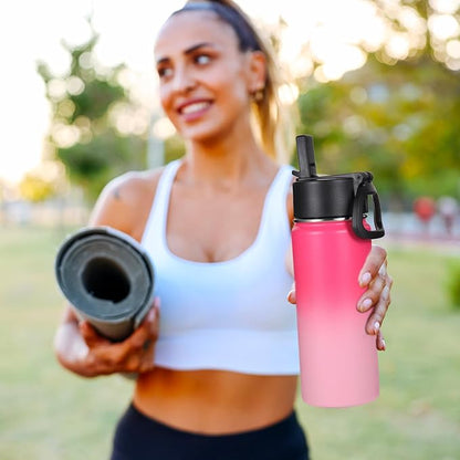 Volhoply Kids Insulated Water Bottle with Straw,16oz Stainless Steel Cold Water Bottles for School,BPA-Free Metal Wide Mouth Cups with Handle Lid,Reusable Double Wall Vacuum Sport Flask(Peach,1)