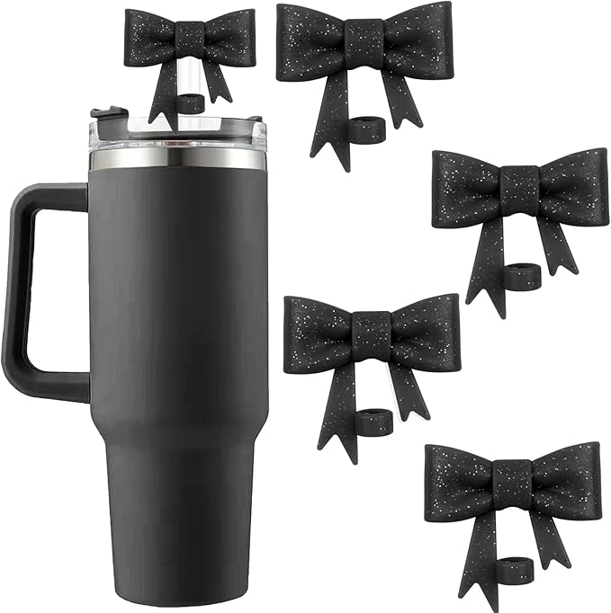 4Pcs Silicone Straw Toppers Covers for Stanley Cups 40/30oz 10mm(0.4in) Shiny Black Dust-Proof Bow Straw Covers Toppers Suitbale for Stanley Cup Accessories Reusable Straws Caps