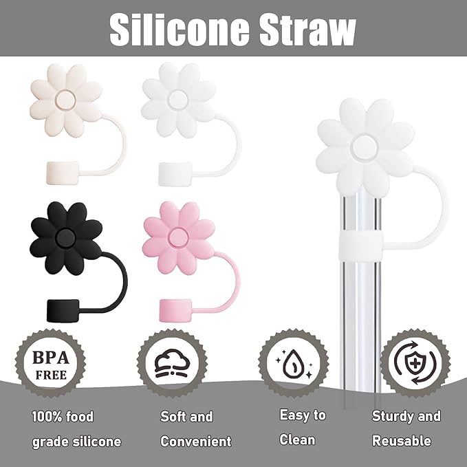 4PCS Silicone Straw Covers Toppers for Stanley Cups 30&40 Oz Tumbler Accessories Flower Straw Caps Mixed Color Dust-Proof Reusable Straws Tips Protectors for Stanley Cup 10mm 0.4in Straws