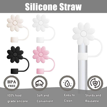 4PCS Silicone Straw Covers Toppers for Stanley Cups 30&40 Oz Tumbler Accessories Flower Straw Caps Mixed Color Dust-Proof Reusable Straws Tips Protectors for Stanley Cup 10mm 0.4in Straws