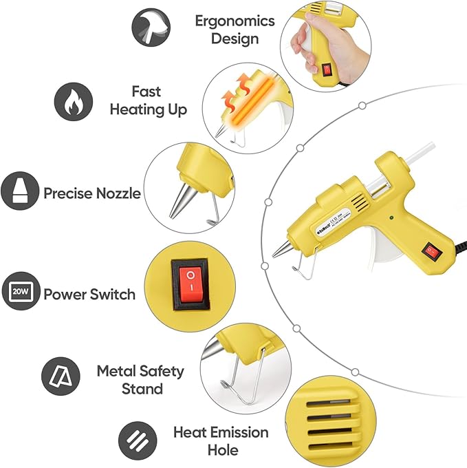 ROMECH 20W Mini Hot Glue Gun with 30 Glue Sticks Set, Fast Preheating Hot Glue Gun Kit Heavy Duty Gluegun for Craft, DIY, Repairs (Yellow)