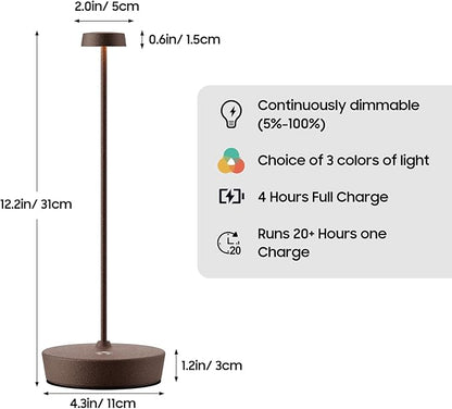 Cordless LED Table Lamp，Rechargeable Battery Desk Lamps, 3 Color Stepless Dimmable Metal Battery Table Lamps, Portable Waterproof Table Light for Indoor/Outdoor/Restaurant (Rust)
