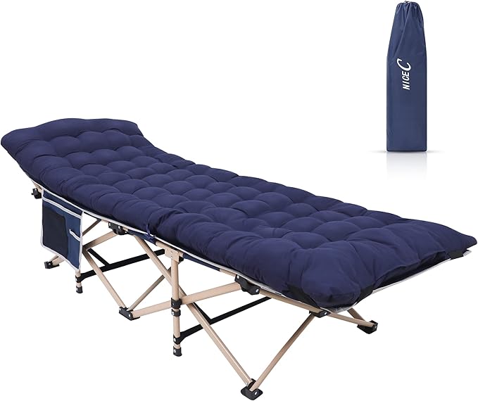 Nice C Camping Cots, Camping Cots with Mattress, for Adults, Folding Cot, with Pillow, Carry Bag & Storage Pocket, Extra Wide Sturdy, Holds Up to 500 Lbs (1, Mattress Navy)