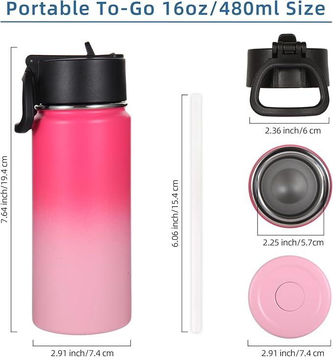 Volhoply Kids Insulated Water Bottle with Straw,16oz Stainless Steel Cold Water Bottles for School,BPA-Free Metal Wide Mouth Cups with Handle Lid,Reusable Double Wall Vacuum Sport Flask(Peach,1)