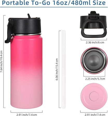 Volhoply Kids Insulated Water Bottle with Straw,16oz Stainless Steel Cold Water Bottles for School,BPA-Free Metal Wide Mouth Cups with Handle Lid,Reusable Double Wall Vacuum Sport Flask(Peach,1)
