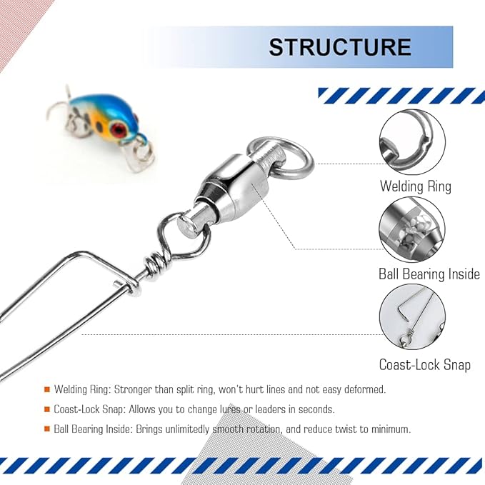 Atibin Heavy Strength Fishing Swivel Snaps Bearing Freshwater Swivels Fishing Stainless Steel Connector Fishing Snap Saltwater White Nickel