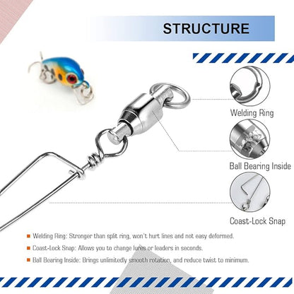 Atibin Heavy Strength Fishing Swivel Snaps Bearing Freshwater Swivels Fishing Stainless Steel Connector Fishing Snap Saltwater White Nickel