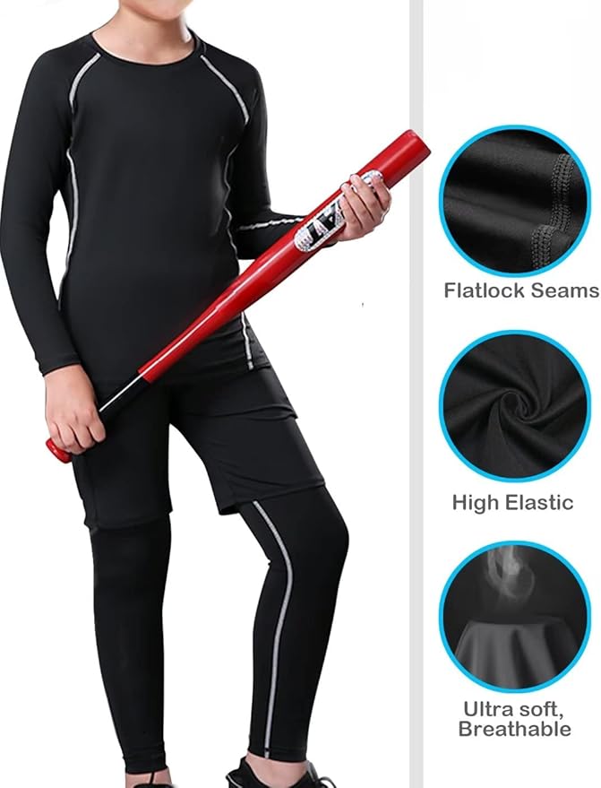 HOPLYNN 4 Pack Youth Boy’s Compression Pants Leggings Tights Athletic Base Layer Under Pants Gear for Football Sports