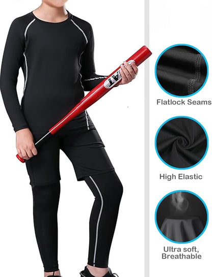 HOPLYNN 4 Pack Youth Boy’s Compression Pants Leggings Tights Athletic Base Layer Under Pants Gear for Football Sports