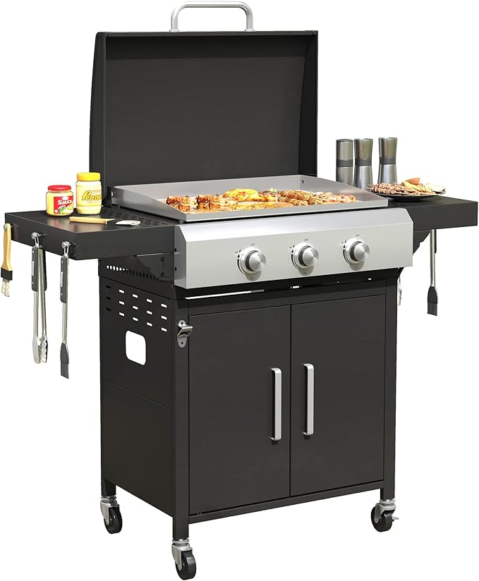 DIFY 3-Burner Propane Gas Griddle Grill, 28 in Flat Top Griddle Grill with Porcelain-Enameled Grates and Stainless Steel Frying Pan, 36000 BTU Output Barbecue Grills for Outdoor Barbecue