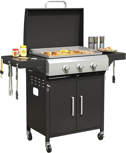 DIFY 3-Burner Propane Gas Griddle Grill, 28 in Flat Top Griddle Grill with Porcelain-Enameled Grates and Stainless Steel Frying Pan, 36000 BTU Output Barbecue Grills for Outdoor Barbecue