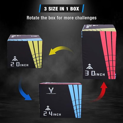 Modern-Depo 3 in 1 Plyometric Jump Box with High Density Foam | Fitness Plyo Box Jumps Height Adjustable 30/24/20, 24/20/16, 20/16/14, 1614/12 Inch for Home Gym, 440lb Weight Capacity