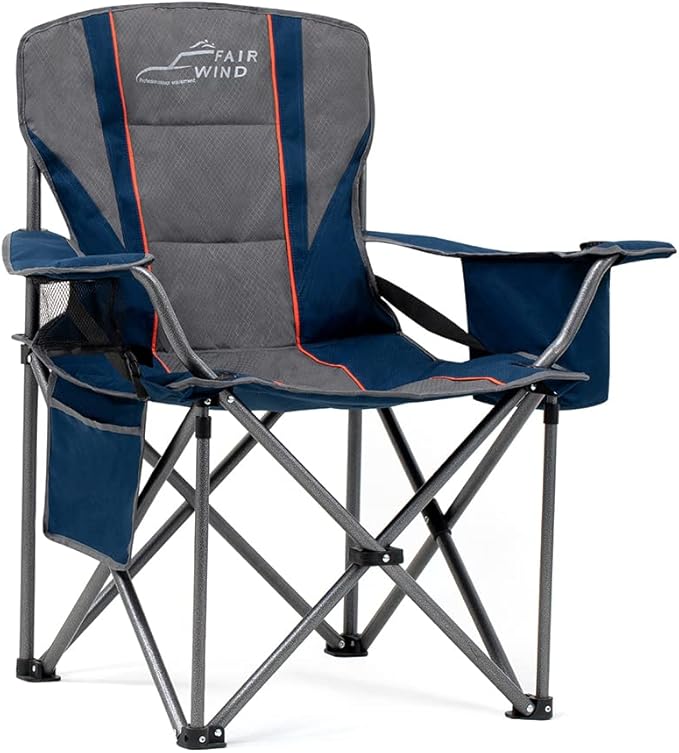 FAIR WIND Oversized Fully Padded Camping Chair with Lumbar Support, Heavy Duty Quad Fold Arm Chair with Cooler Bag - Support 450 LBS，Blue