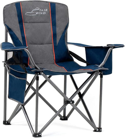FAIR WIND Oversized Fully Padded Camping Chair with Lumbar Support, Heavy Duty Quad Fold Arm Chair with Cooler Bag - Support 450 LBS，Blue