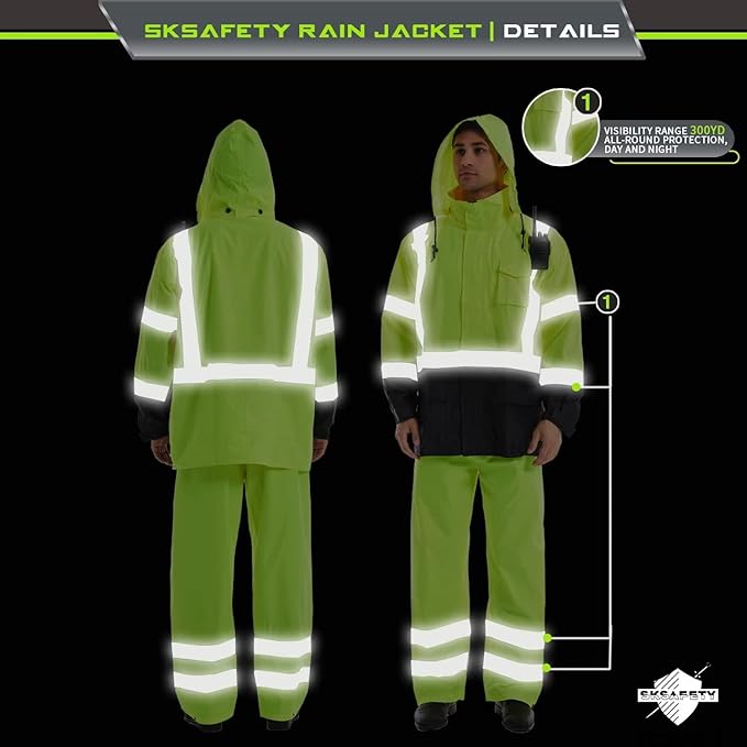 SKSAFETY Hi Vis Reflective Rain suits for Men Waterproof - High Vis Safety Rain Jacket, High Visibility Raincoat for Men