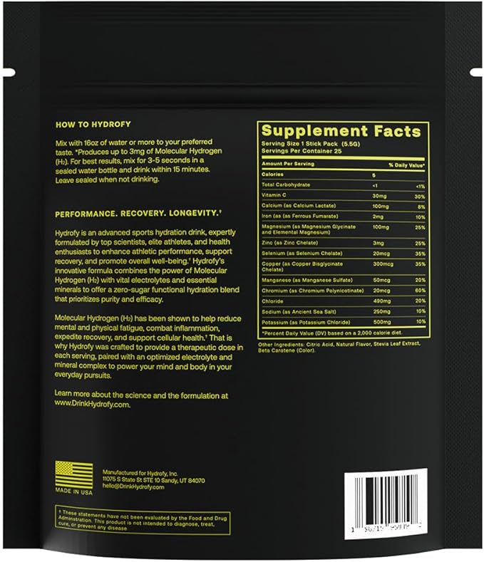 Hydrofy Hydrogen Water + Electrolytes Drink Mix | H2 Hydration Packets with Molecular Hydrogen, Sodium, Potassium, Magnesium, Calcium, and Minerals | No Sugar | Lemon Lime | 25 ct