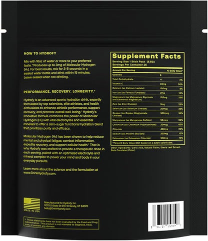 Hydrofy Hydrogen Water + Electrolytes Drink Mix | H2 Hydration Packets with Molecular Hydrogen, Sodium, Potassium, Magnesium, Calcium, and Minerals | No Sugar | Lemon Lime | 25 ct