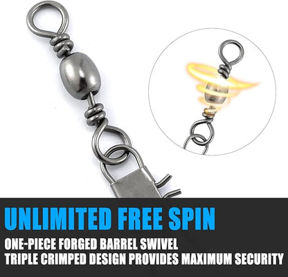 Dr.Fish 50 Pack Fishing Snap Swivels, Barrel Swivels Fishing Tackles, Stainless Steel Safty Interlock Snaps Leader Line Lure Connector Fresh&Saltwater 26-132Lb