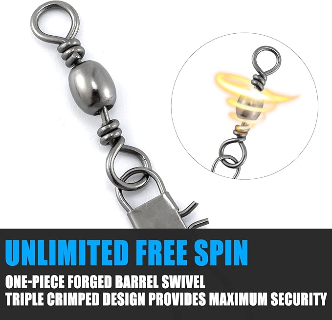 Dr.Fish 50 Pack Fishing Snap Swivels, Barrel Swivels Fishing Tackles, Stainless Steel Safty Interlock Snaps Leader Line Lure Connector Fresh&Saltwater 26-132Lb