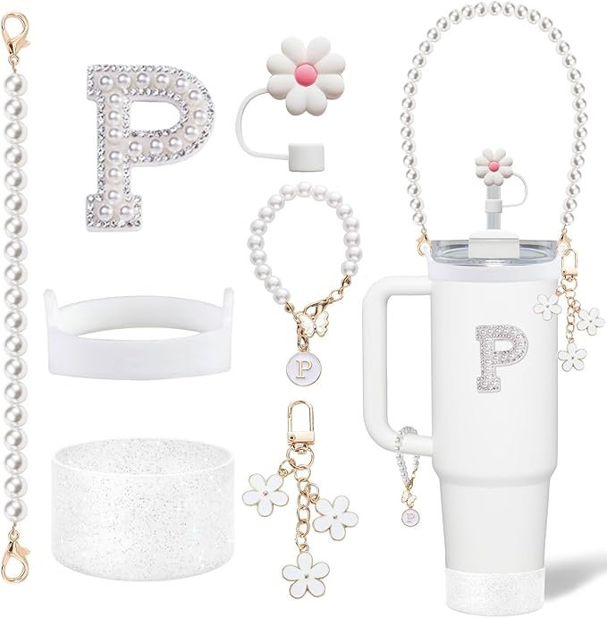 Stanley Cup Accessories Set - Including Water Bottle Carrying Pearl Strap, Handle Letter Charms Sticker, Silicone Cups Boot Straw Cover for 40oz & 30oz Tumbler Accessory Kit