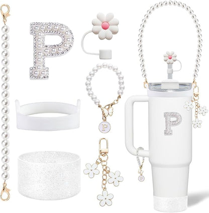 Stanley Cup Accessories Set - Including Water Bottle Carrying Pearl Strap, Handle Letter Charms Sticker, Silicone Cups Boot Straw Cover for 40oz & 30oz Tumbler Accessory Kit