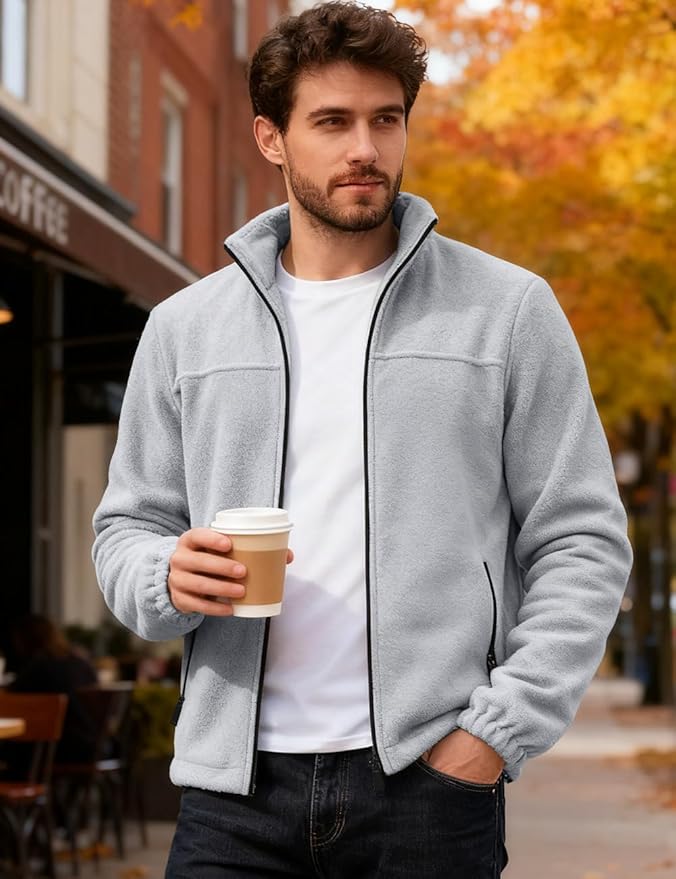 Mens Polar Fleece Jacket Full Zip Lightweight Casual Outdoor Jackets Stand Collar Warm Coats with Pockets