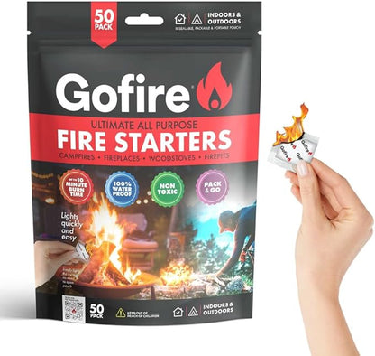 GOFIRE Travel Fire Starter for Camping, Hiking, Backpacking | Uses: Grill, Campfire, Fireplace, Wood Stove | All Purpose, Portable, Waterproof | Heat During Cold Rain & Snow | 50 Pieces