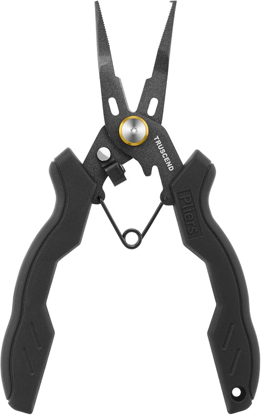 TRUSCEND Lockable Handy Fishing Pliers with Innovative Ergonomic Handle, Saltwater Corrosion Resistant Teflon Coated Fishing Tool with Mo-V Cutter