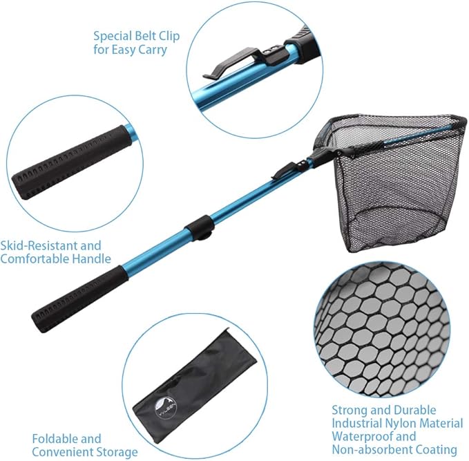 YVLEEN Folding Fishing Net - Foldable Fish Landing Net Robust Aluminum Telescopic Pole Handle and Nylon Mesh 16inch Hoop Size