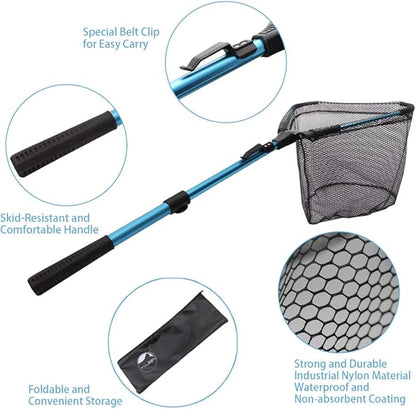YVLEEN Folding Fishing Net - Foldable Fish Landing Net Robust Aluminum Telescopic Pole Handle and Nylon Mesh 16inch Hoop Size