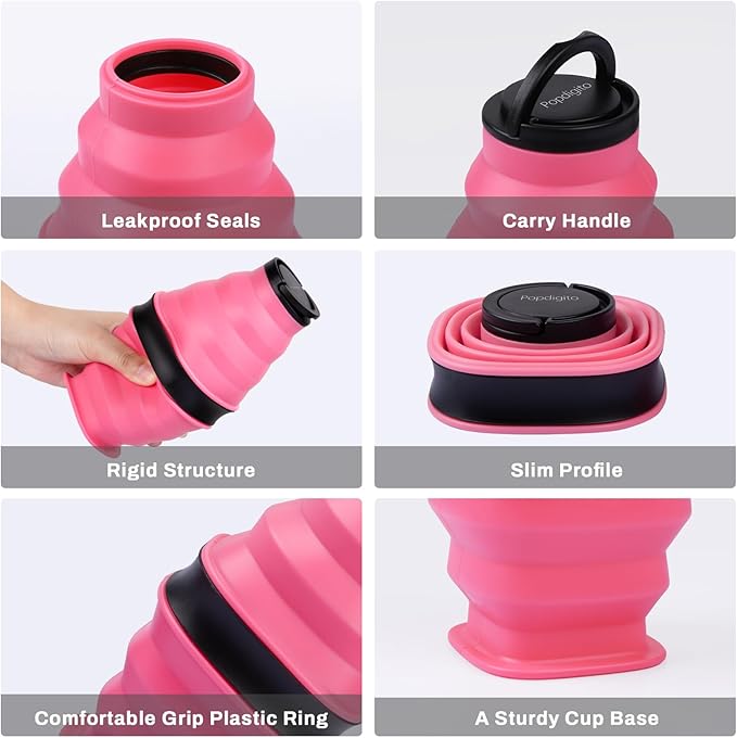 Collapsible Water Bottles with Anti-Collapse Ring,600ml Foldable Water Bottle BPA Free Reusable Lightweight LeakProof Silicone for Travel Hiking Camping Gym Sports，Collapses to 1.5” Pink