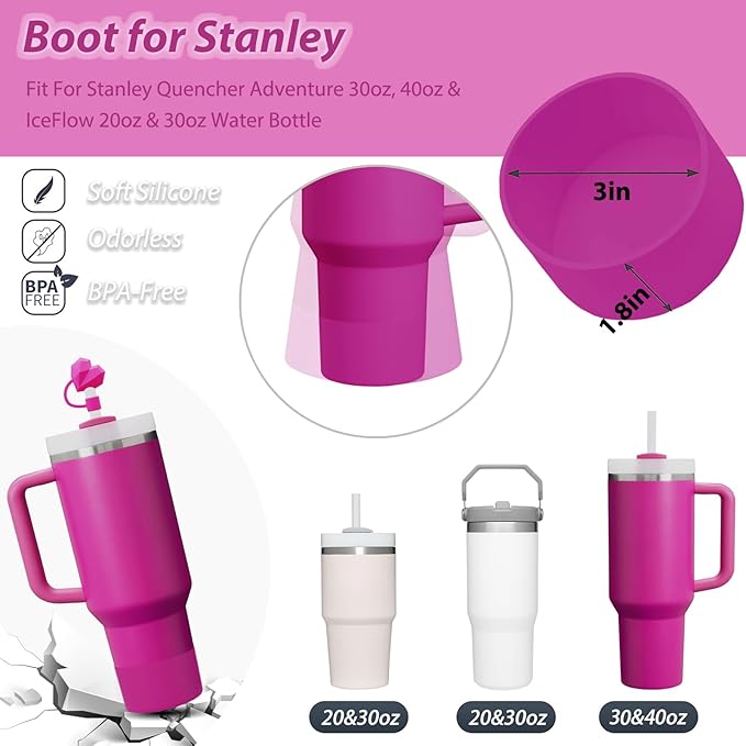 Stanley Cup Accessories Set Including 6 Pcs Silicone Spill Proof Stopper, 2 Pcs Straw Cover Cap for 9-10 mm Straws, 1 Pcs Silicone Boot for Stanley Cup 40oz & 30oz Tumbler (Fuchsia)