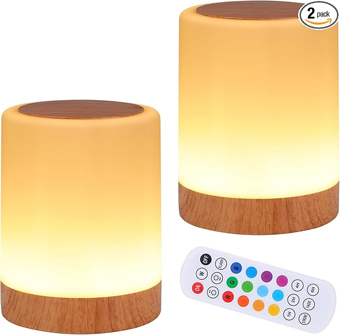 OORUN Touch Bedside Table Lamp,13 RGB Colors & 5 Brightness, USB Rechargeable Desk Lamp, Remote Control Dimmable Light with RGB Color Changing,Portable Lamp for Baby (2 Pack Brown)