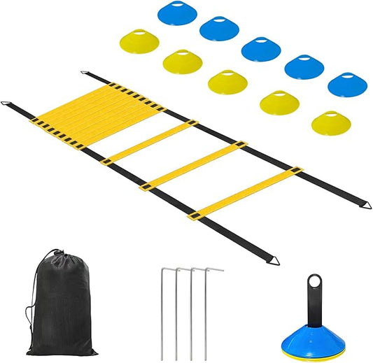 Speed Agility Training Equipment Set - 20ft Agility Ladder, 10 Disc Cones, Resistance Parachute, 5 Resistance Bands & Carry Bag | Football Soccer Basketball Fitness Drills for Kids Adults