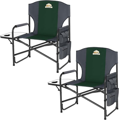 Oversized Directors Camping Chair Set of 2 Support 600 LBS, Heavy Duty Folding Outdoor Chairs with Detachable Side Pocket and Adjustable Side Table for Outside Beach,Lawn,Fishing (Green)
