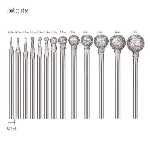 𝐋𝐮𝐨 𝐤𝐞 13 Pcs Ball Shape Diamond Burr - 3/32'' Shank Diamond Mounted Round Ball Burs Stone Carving Bits for Rotary Tools includes Dremel